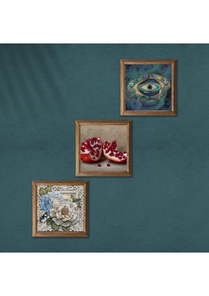 Nazar, Kelebekli Çiçek, Nar Taş Duvar Tablosu Ahşap Çerçeveli Duvar Dekoru 3 Parça Tablo Seti Wall Art W3-1175 modelleri