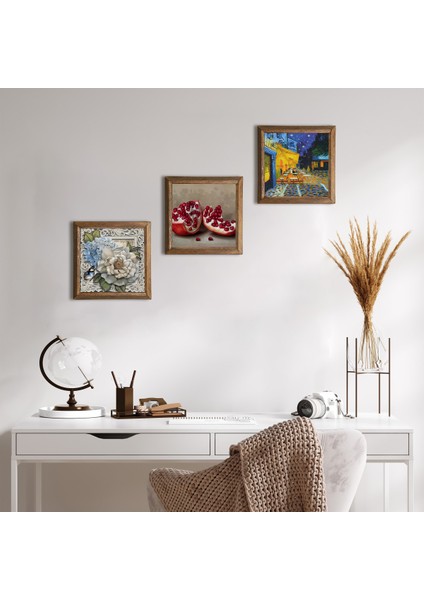 Van Gogh Kafe Terasta Gece, Kelebekli Çiçek, Nar Taş Duvar Tablosu Ahşap Çerçeveli Duvar Dekoru 3 Parça Tablo Seti Wall Art W3-1193