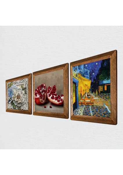 Van Gogh Kafe Terasta Gece, Kelebekli Çiçek, Nar Taş Duvar Tablosu Ahşap Çerçeveli Duvar Dekoru 3 Parça Tablo Seti Wall Art W3-1193 fiyatları