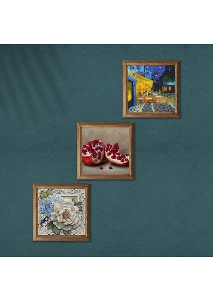 Van Gogh Kafe Terasta Gece, Kelebekli Çiçek, Nar Taş Duvar Tablosu Ahşap Çerçeveli Duvar Dekoru 3 Parça Tablo Seti Wall Art W3-1193 modelleri
