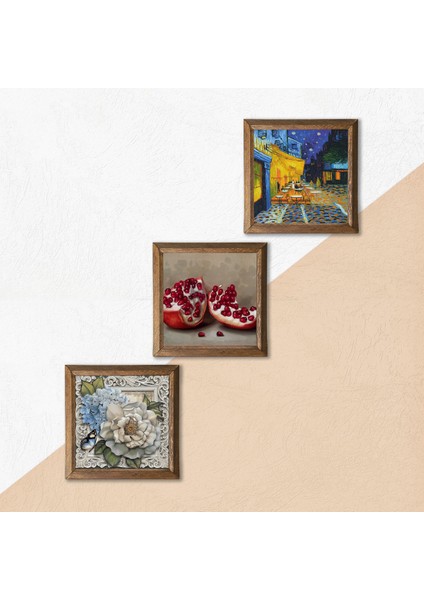 Van Gogh Kafe Terasta Gece, Kelebekli Çiçek, Nar Taş Duvar Tablosu Ahşap Çerçeveli Duvar Dekoru 3 Parça Tablo Seti Wall Art W3-1193 indirimleri