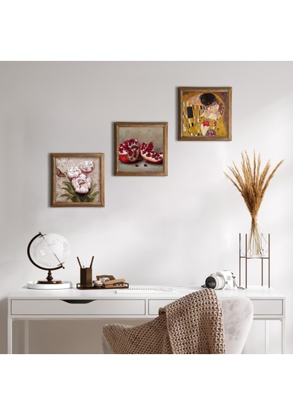 Gustav Klimt Öpücük, Kelebekli Çiçek, Nar Taş Duvar Tablosu Ahşap Çerçeveli Duvar Dekoru 3 Parça Tablo Seti Wall Art W3-1211