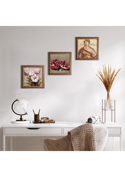 Soteria Mozaiği, Kelebekli Çiçek, Nar Taş Duvar Tablosu Ahşap Çerçeveli Duvar Dekoru 3 Parça Tablo Seti Wall Art W3-1221