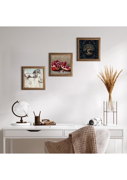 Hayat Ağacı, Leonardo da Vinci At Heykeli, Nar Taş Duvar Tablosu Ahşap Çerçeveli Duvar Dekoru 3 Parça Tablo Seti Wall Art W3-1309