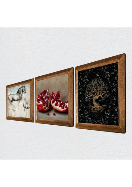 Hayat Ağacı, Leonardo da Vinci At Heykeli, Nar Taş Duvar Tablosu Ahşap Çerçeveli Duvar Dekoru 3 Parça Tablo Seti Wall Art W3-1309