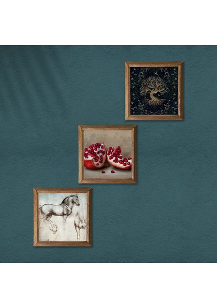 Hayat Ağacı, Leonardo da Vinci At Heykeli, Nar Taş Duvar Tablosu Ahşap Çerçeveli Duvar Dekoru 3 Parça Tablo Seti Wall Art W3-1309