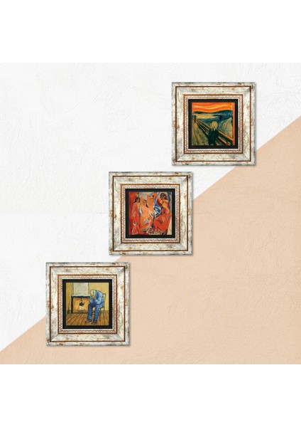 Picasso, Van Gogh, Çığlık Taş Duvar Tablosu Çerçeveli Duvar Dekoru 3 Parça Tablo Seti Wall Art T3-1866 indirimleri