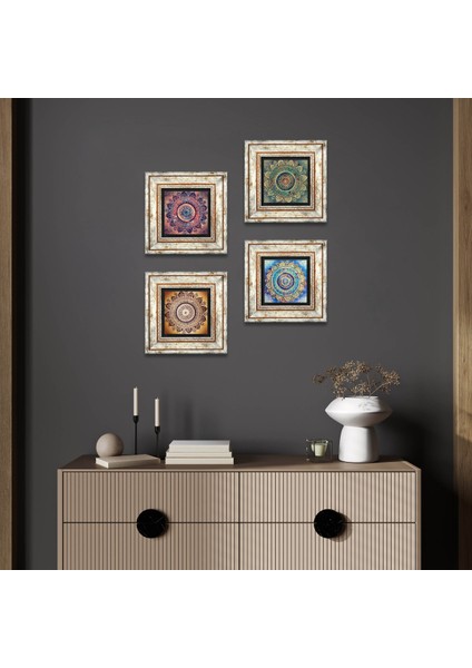 Mandala Taş Duvar Tablosu Çerçeveli Duvar Dekoru 4 Parça Tablo Seti Wall Art T4-1083