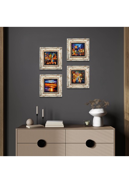Deniz Manzarası, Köprü Manzarası, Sokak Manzarası, Fenerler Tablosu Taş Duvar Tablosu Çerçeveli Duvar Dekoru 4 Parça Tablo Seti Wall Art T4-1091