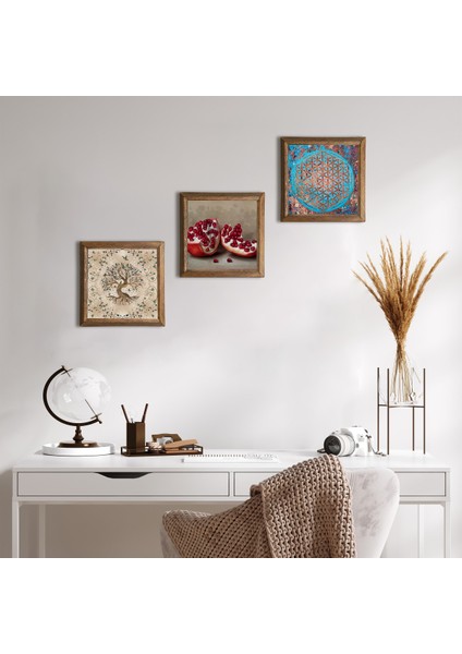 Yaşam Çiçeği, Hayat Ağacı, Nar Taş Duvar Tablosu Ahşap Çerçeveli Duvar Dekoru 3 Parça Tablo Seti Wall Art W3-934
