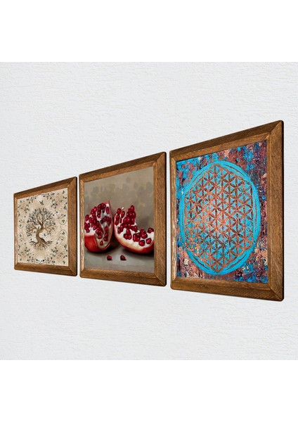 Yaşam Çiçeği, Hayat Ağacı, Nar Taş Duvar Tablosu Ahşap Çerçeveli Duvar Dekoru 3 Parça Tablo Seti Wall Art W3-934 fiyatları