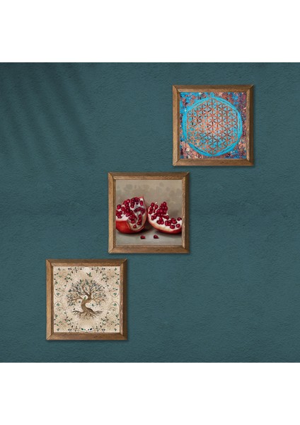Yaşam Çiçeği, Hayat Ağacı, Nar Taş Duvar Tablosu Ahşap Çerçeveli Duvar Dekoru 3 Parça Tablo Seti Wall Art W3-934 modelleri