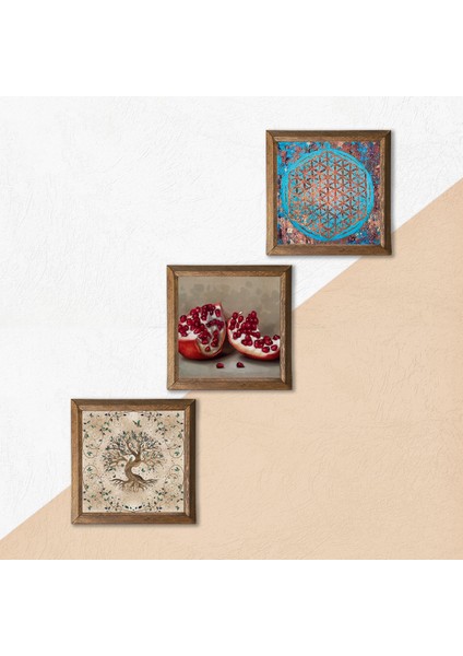 Yaşam Çiçeği, Hayat Ağacı, Nar Taş Duvar Tablosu Ahşap Çerçeveli Duvar Dekoru 3 Parça Tablo Seti Wall Art W3-934 indirimleri