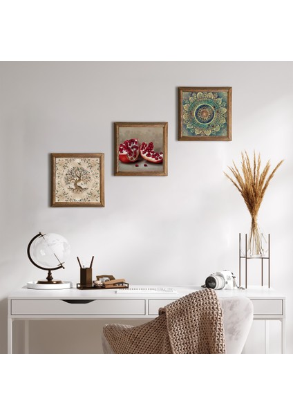 Mandala, Hayat Ağacı, Nar Ahşap Çerçeveli Taş Duvar Tablosu 3’lü Set – 25x25 cm Dekoratif Modern Sanat – Ev ve Ofis Dekoru |W3-942|