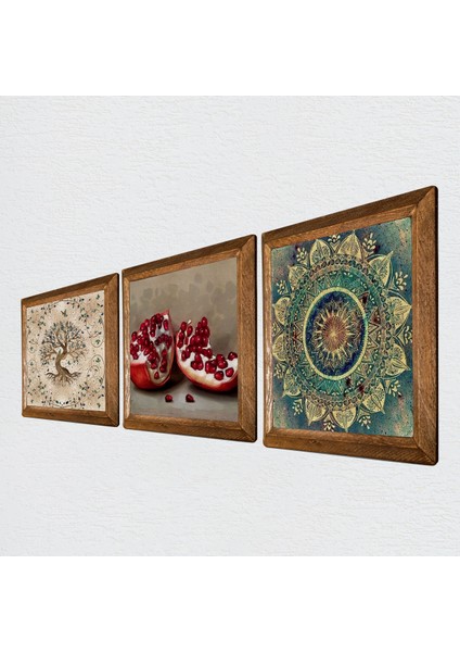 Mandala, Hayat Ağacı, Nar Ahşap Çerçeveli Taş Duvar Tablosu 3’lü Set – 25x25 cm Dekoratif Modern Sanat – Ev ve Ofis Dekoru |W3-942| fiyatları