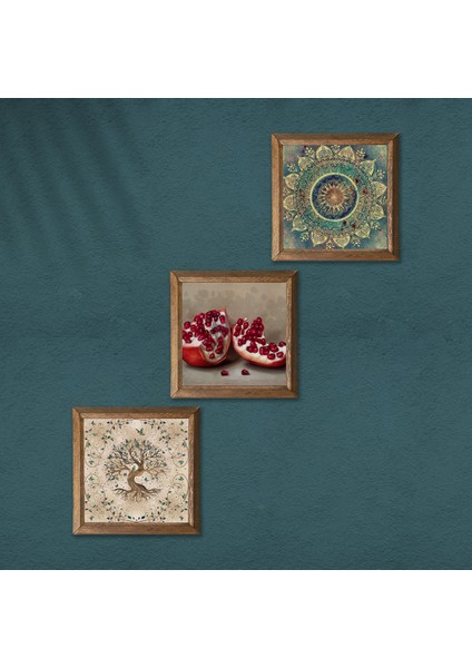 Mandala, Hayat Ağacı, Nar Ahşap Çerçeveli Taş Duvar Tablosu 3’lü Set – 25x25 cm Dekoratif Modern Sanat – Ev ve Ofis Dekoru |W3-942| modelleri