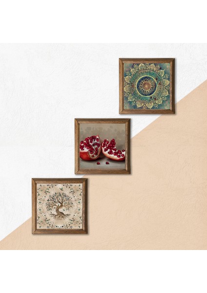 Mandala, Hayat Ağacı, Nar Ahşap Çerçeveli Taş Duvar Tablosu 3’lü Set – 25x25 cm Dekoratif Modern Sanat – Ev ve Ofis Dekoru |W3-942| indirimleri