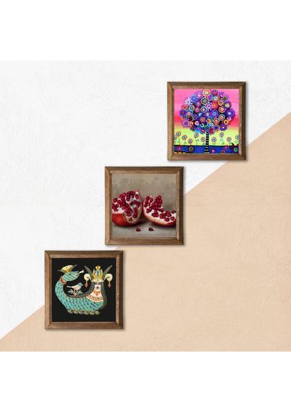 Stone Karla Gerard Hayat Ağacı, Şahmeran, Nar Ahşap Çerçeveli Taş Duvar Tablosu 3’lü Set – 25x25 cm Dekoratif Modern Sanat – Ev ve Ofis Dekoru |W3-954| indirimleri