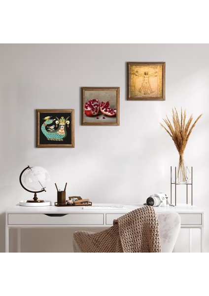 Leonardo da Vinci Vitruvius Adamı, Şahmeran, Nar Ahşap Çerçeveli Taş Duvar Tablosu 3’lü Set – 25x25 cm Dekoratif Modern Sanat – Ev ve Ofis Dekoru |W3-959|