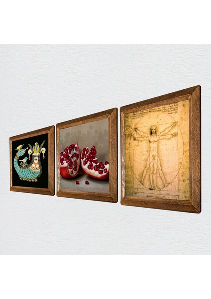 Leonardo da Vinci Vitruvius Adamı, Şahmeran, Nar Ahşap Çerçeveli Taş Duvar Tablosu 3’lü Set – 25x25 cm Dekoratif Modern Sanat – Ev ve Ofis Dekoru |W3-959| fiyatları