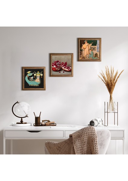 İki Müzisyen Kız Tablosu, Şahmeran, Nar Taş Duvar Tablosu Ahşap Çerçeveli Duvar Dekoru 3 Parça Tablo Seti Wall Art W3-961