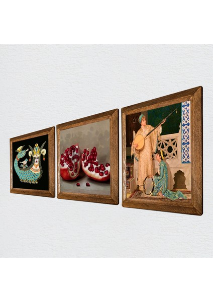 İki Müzisyen Kız Tablosu, Şahmeran, Nar Taş Duvar Tablosu Ahşap Çerçeveli Duvar Dekoru 3 Parça Tablo Seti Wall Art W3-961