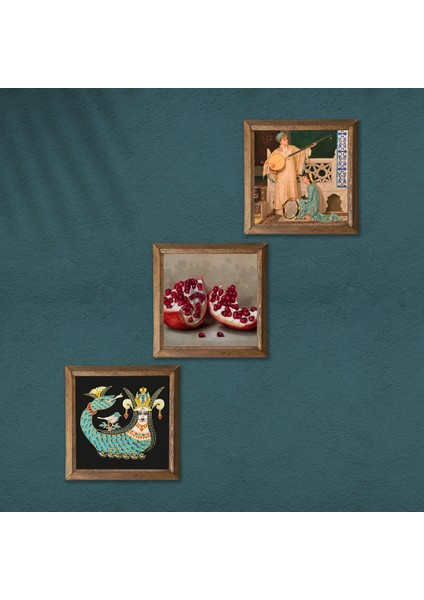 İki Müzisyen Kız Tablosu, Şahmeran, Nar Taş Duvar Tablosu Ahşap Çerçeveli Duvar Dekoru 3 Parça Tablo Seti Wall Art W3-961