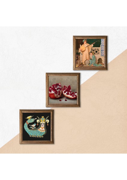 İki Müzisyen Kız Tablosu, Şahmeran, Nar Taş Duvar Tablosu Ahşap Çerçeveli Duvar Dekoru 3 Parça Tablo Seti Wall Art W3-961