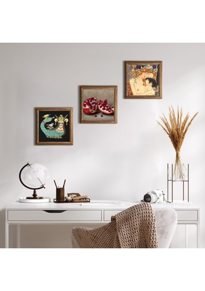Gustav Klimt Anne Çocuk, Şahmeran, Nar Taş Duvar Tablosu Ahşap Çerçeveli Duvar Dekoru 3 Parça Tablo Seti Wall Art W3-966