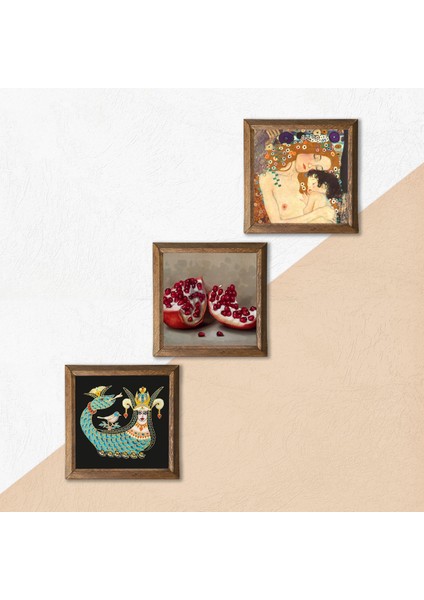 Gustav Klimt Anne Çocuk, Şahmeran, Nar Taş Duvar Tablosu Ahşap Çerçeveli Duvar Dekoru 3 Parça Tablo Seti Wall Art W3-966 indirimleri