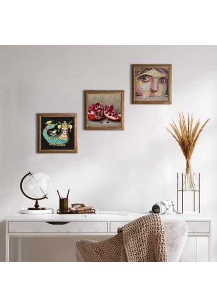 Çingene Kızı Mozaiği, Şahmeran, Nar Taş Duvar Tablosu Ahşap Çerçeveli Duvar Dekoru 3 Parça Tablo Seti Wall Art W3-973