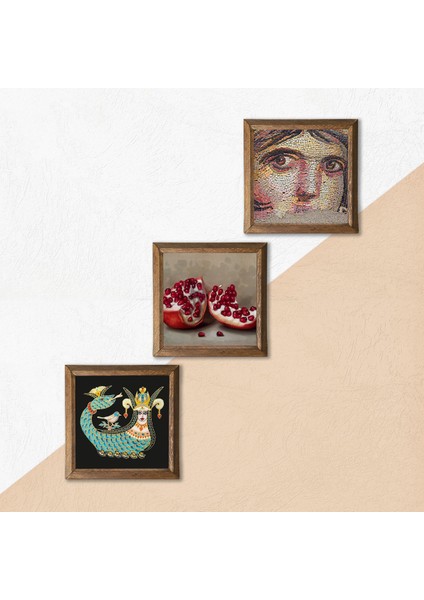 Çingene Kızı Mozaiği, Şahmeran, Nar Taş Duvar Tablosu Ahşap Çerçeveli Duvar Dekoru 3 Parça Tablo Seti Wall Art W3-973