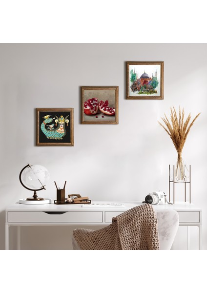 İstanbul Ayasofya, Şahmeran, Nar Ahşap Çerçeveli Taş Duvar Tablosu 3’lü Set – 25x25 cm Dekoratif Modern Sanat – Ev ve Ofis Dekoru |W3-978|