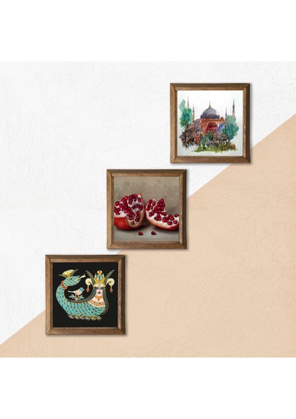 İstanbul Ayasofya, Şahmeran, Nar Ahşap Çerçeveli Taş Duvar Tablosu 3’lü Set – 25x25 cm Dekoratif Modern Sanat – Ev ve Ofis Dekoru |W3-978| indirimleri