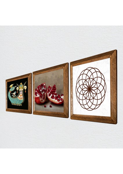 Yaşam Çiçeği, Şahmeran, Nar Ahşap Çerçeveli Taş Duvar Tablosu 3’lü Set – 25x25 cm Dekoratif Modern Sanat – Ev ve Ofis Dekoru |W3-996| fiyatları
