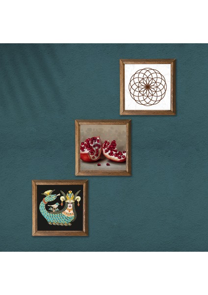 Yaşam Çiçeği, Şahmeran, Nar Ahşap Çerçeveli Taş Duvar Tablosu 3’lü Set – 25x25 cm Dekoratif Modern Sanat – Ev ve Ofis Dekoru |W3-996| modelleri