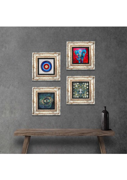 Stone Hayat Ağacı, Fil, Nazar Çerçeveli Taş Duvar Tablosu 4’lü Set - Dekoratif Modern Sanat, Ev ve Ofis Dekoru |TK4-889|