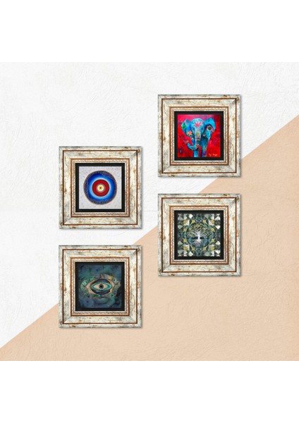 Stone Hayat Ağacı, Fil, Nazar Çerçeveli Taş Duvar Tablosu 4’lü Set - Dekoratif Modern Sanat, Ev ve Ofis Dekoru |TK4-889| indirimleri