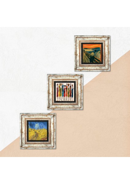 Van Gogh Buğday Tarlası ve Kargalar, Çığlık, Yerli Kadınlar Çerçeveli Taş Duvar Tablosu 3’lü Set - Dekoratif Modern Sanat, Ev ve Ofis Dekoru |TK3-1860| indirimleri