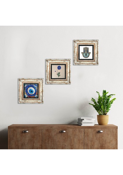 Nazar, Ebru Sanatı, Fatma Ana Eli (Hamsa) Taş Duvar Tablosu Çerçeveli Duvar Dekoru 3 Parça Tablo Seti Wall Art T3-1977