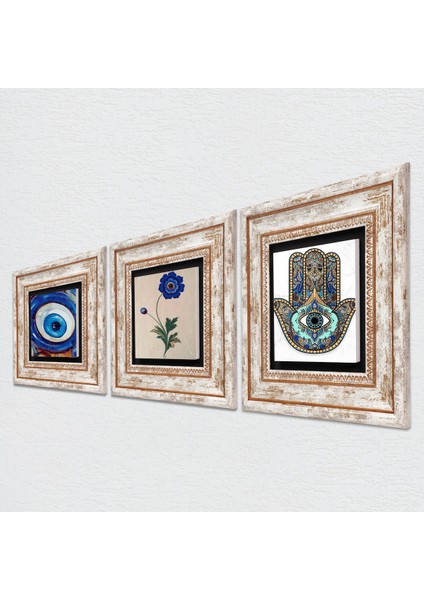 Nazar, Ebru Sanatı, Fatma Ana Eli (Hamsa) Taş Duvar Tablosu Çerçeveli Duvar Dekoru 3 Parça Tablo Seti Wall Art T3-1977