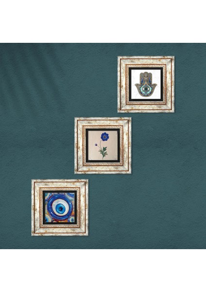 Nazar, Ebru Sanatı, Fatma Ana Eli (Hamsa) Taş Duvar Tablosu Çerçeveli Duvar Dekoru 3 Parça Tablo Seti Wall Art T3-1977