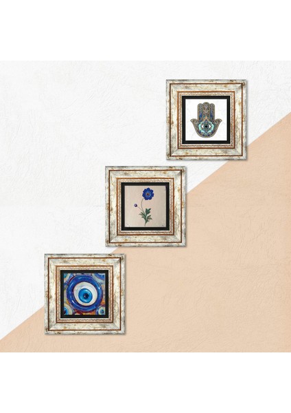 Nazar, Ebru Sanatı, Fatma Ana Eli (Hamsa) Taş Duvar Tablosu Çerçeveli Duvar Dekoru 3 Parça Tablo Seti Wall Art T3-1977