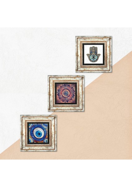 Nazar, Mandala, Fatma Ana Eli (Hamsa) Taş Duvar Tablosu Çerçeveli Duvar Dekoru 3 Parça Tablo Seti Wall Art T3-1986