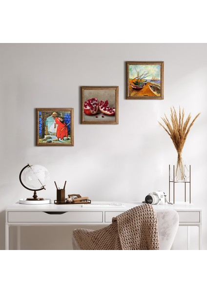 Stone Van Gogh Balıkçı Tekneleri, Kaplumbağa Terbiyecisi, Nar Ahşap Çerçeveli Taş Duvar Tablosu 3’lü Set – 25x25 cm Dekoratif Modern Sanat – Ev ve Ofis Dekoru |W3-1573|