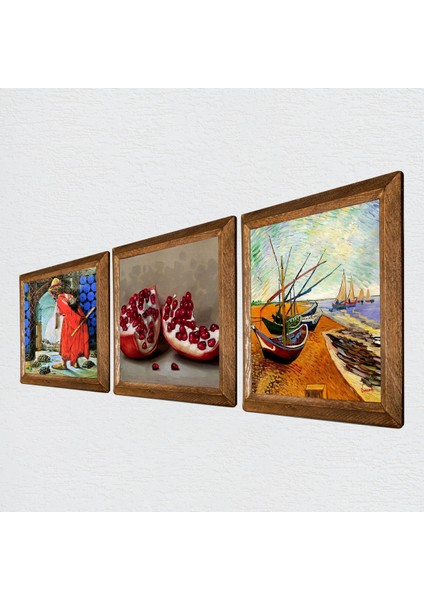 Stone Van Gogh Balıkçı Tekneleri, Kaplumbağa Terbiyecisi, Nar Ahşap Çerçeveli Taş Duvar Tablosu 3’lü Set – 25x25 cm Dekoratif Modern Sanat – Ev ve Ofis Dekoru |W3-1573| fiyatları