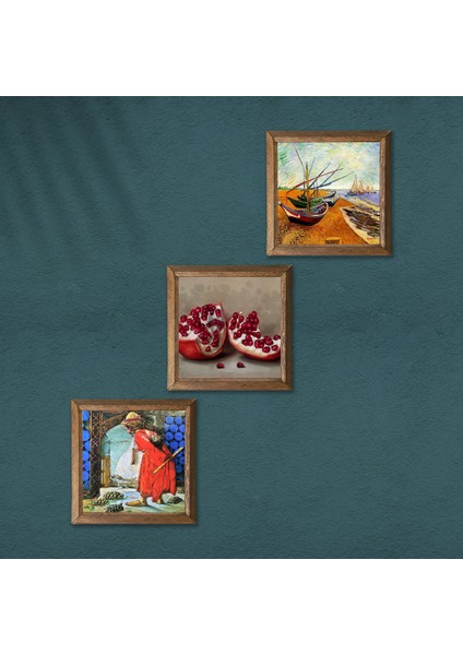Stone Van Gogh Balıkçı Tekneleri, Kaplumbağa Terbiyecisi, Nar Ahşap Çerçeveli Taş Duvar Tablosu 3’lü Set – 25x25 cm Dekoratif Modern Sanat – Ev ve Ofis Dekoru |W3-1573| modelleri