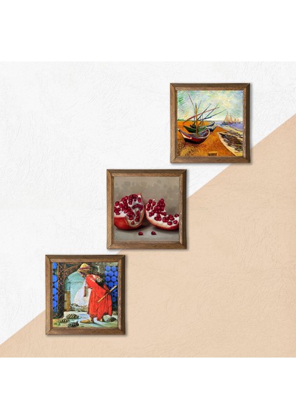 Stone Van Gogh Balıkçı Tekneleri, Kaplumbağa Terbiyecisi, Nar Ahşap Çerçeveli Taş Duvar Tablosu 3’lü Set – 25x25 cm Dekoratif Modern Sanat – Ev ve Ofis Dekoru |W3-1573| indirimleri