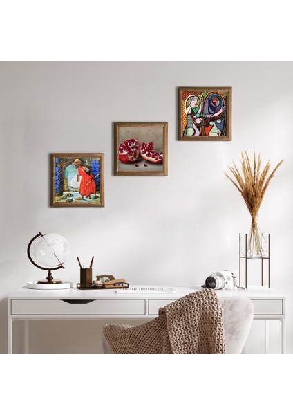Picasso Ayna Karşısındaki Kız, Kaplumbağa Terbiyecisi, Nar Taş Duvar Tablosu Ahşap Çerçeveli Duvar Dekoru 3 Parça Tablo Seti Wall Art W3-1578