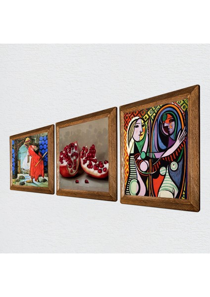 Picasso Ayna Karşısındaki Kız, Kaplumbağa Terbiyecisi, Nar Taş Duvar Tablosu Ahşap Çerçeveli Duvar Dekoru 3 Parça Tablo Seti Wall Art W3-1578